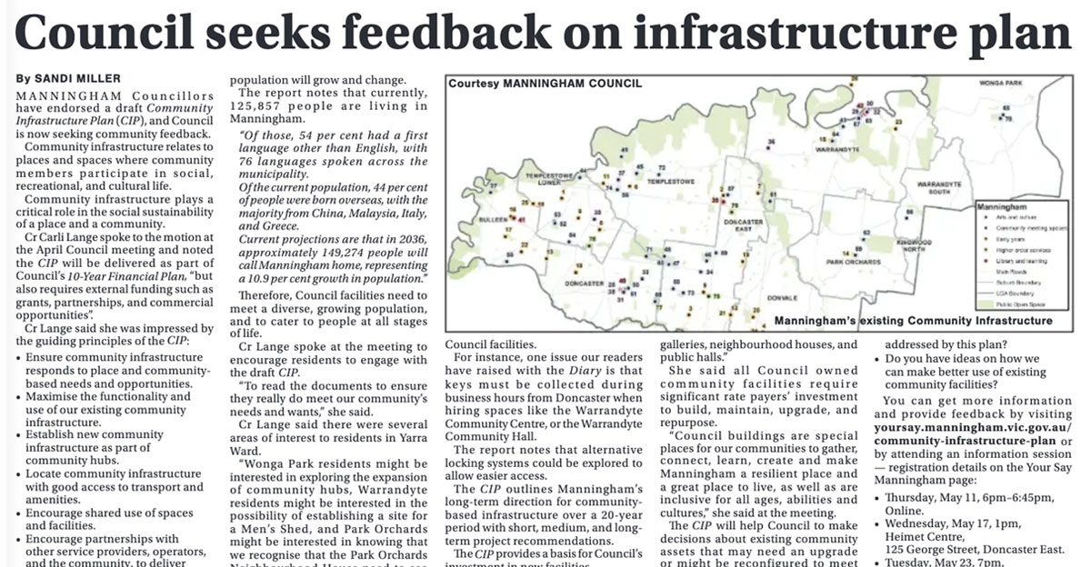 Infrastructure Article in the May 2023 Warrandyte Diary